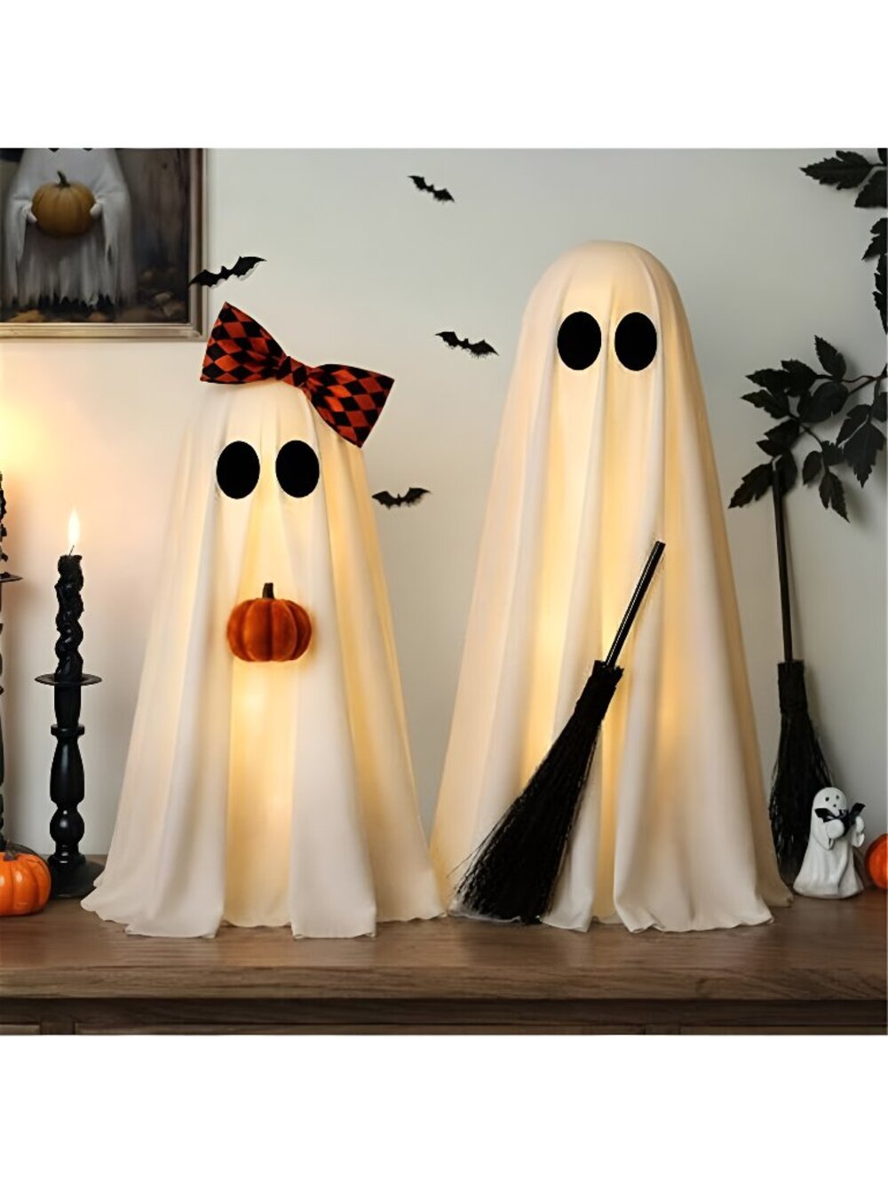 Halloween Decorations Indoor, 2 Pack Lighted Ghost Decor with Broom Pumpkin